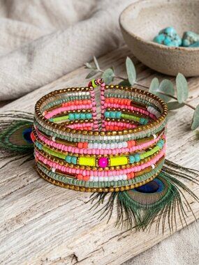 Boho Handmade India Neon Pastel Beaded Stretch Cuff Bracelet Festival Gift